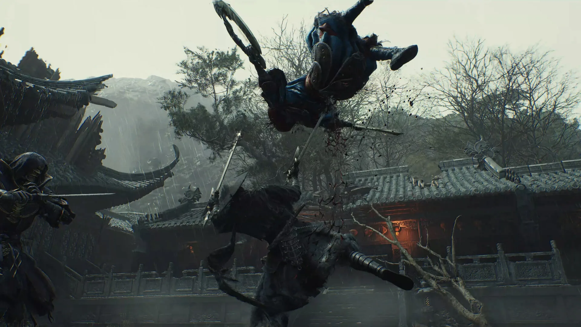 Phantom Blade Zero gameplay screenshot: an airborne fighter above a temple courtyard