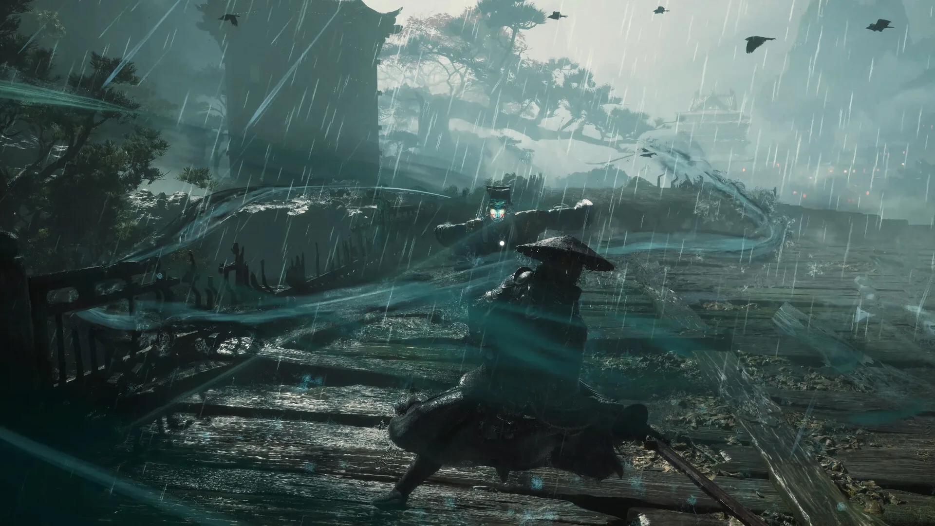 Phantom Blade Zero gameplay screenshot: a swordsman on a rain-soaked wooden bridge