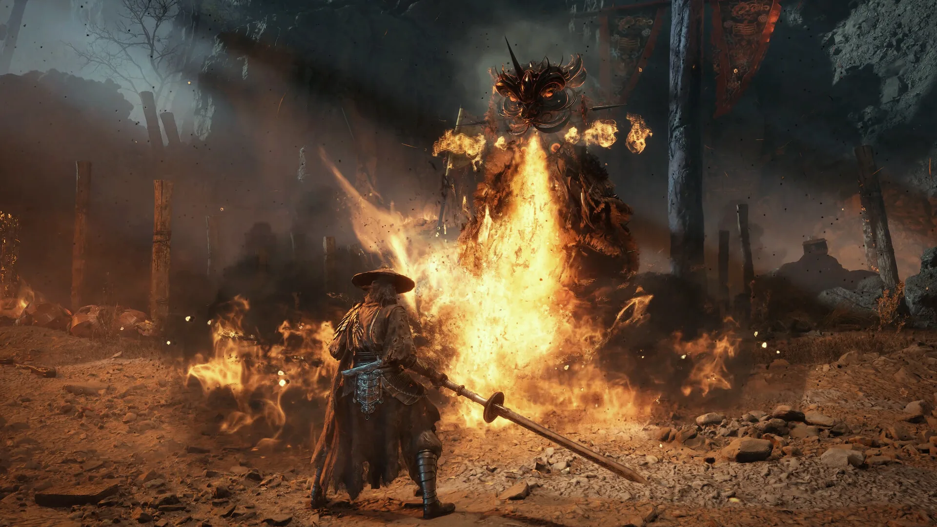 Phantom Blade Zero gameplay screenshot: Soul facing a flaming enemy in an arena